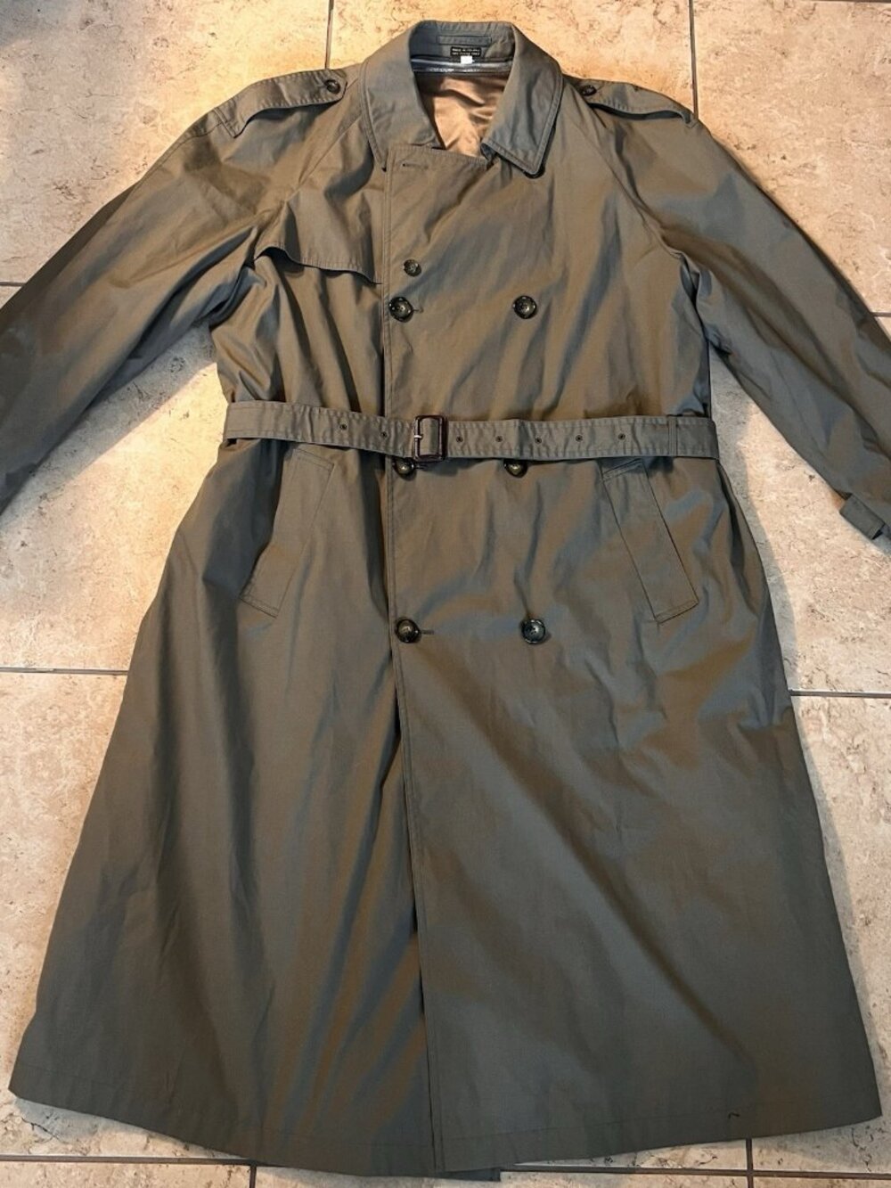 Men’s 46 XL Tall Trench Coat Taupe Green Wool Lined Rain Resistant 51” Poland